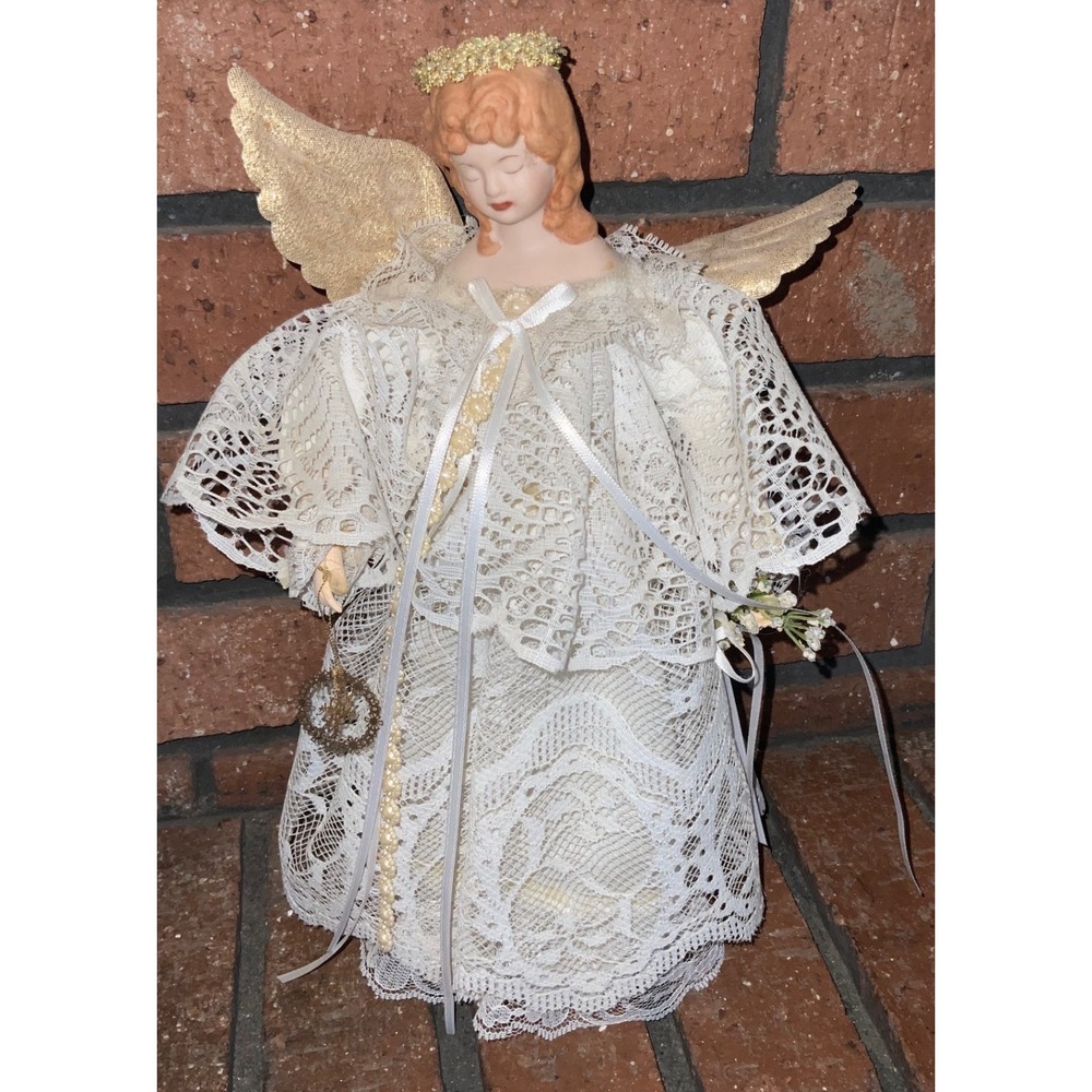 Vintage Porcelain‎ Angel Tree Topper White Gold Wings Christmas Decor Figurine